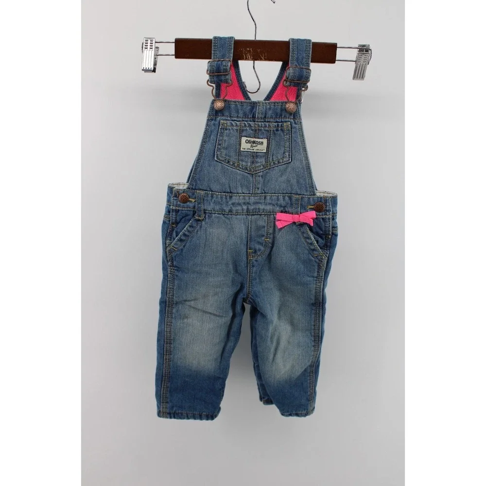 Oshkosh Girls 12 Month Blue Denim Overalls Fleece Lined Pink Bibs